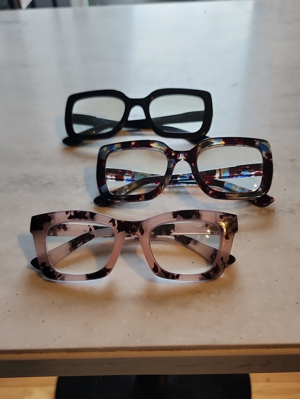 3 Oversized Square 300 Magnifier Glasses Set - Black, Tortoise, Pink Tortoise